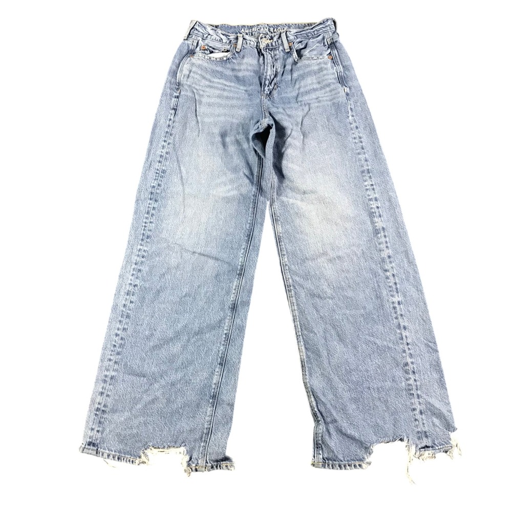 American Eagle Wide Leg Jeans Womens 4 Light Wash Distressed Raw Hem High Rise
